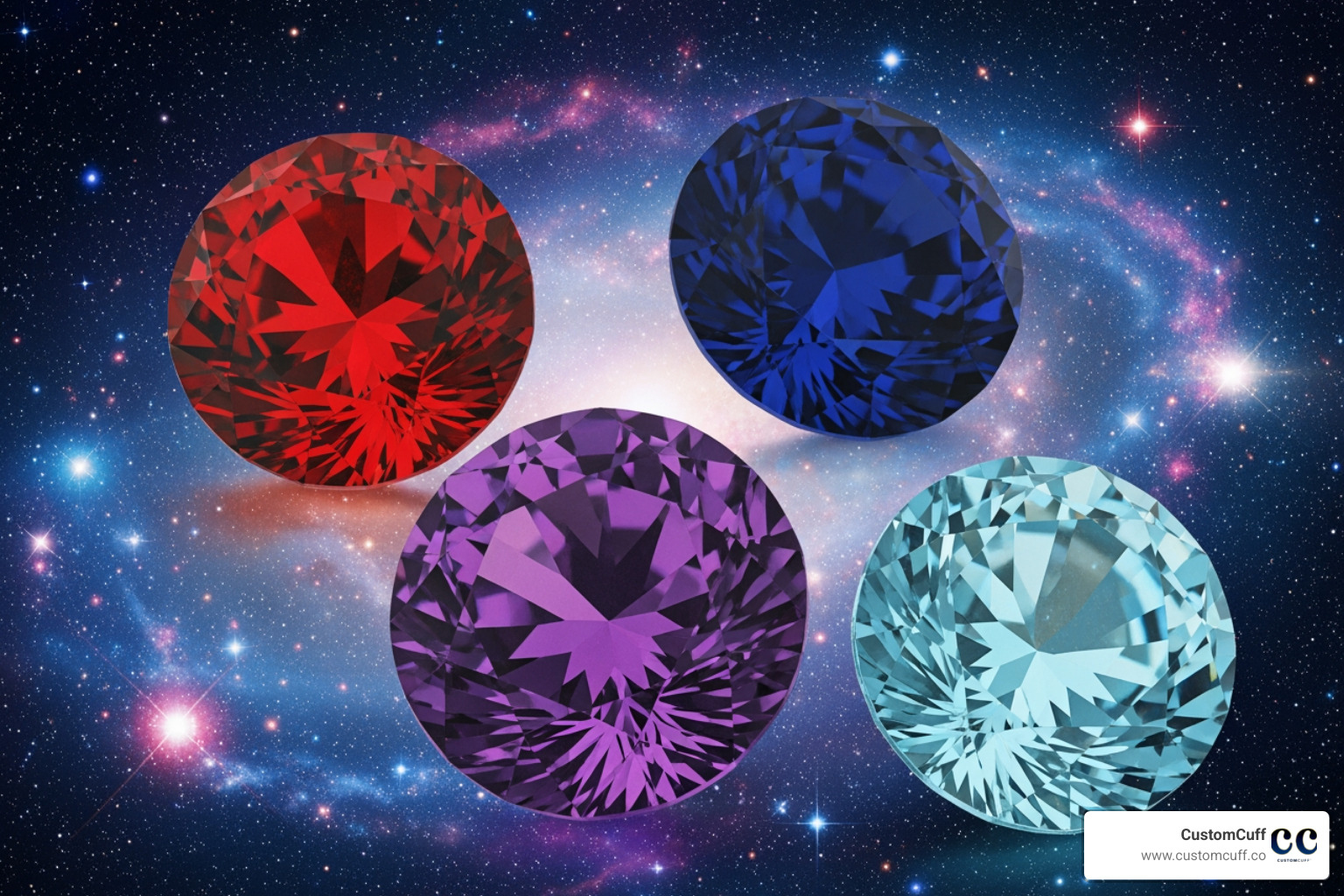 Four primary Aquarius gemstones (Amethyst, Garnet, Aquamarine, Blue Sapphire) sparkling against a cosmic, starry background - aquarius stone ring