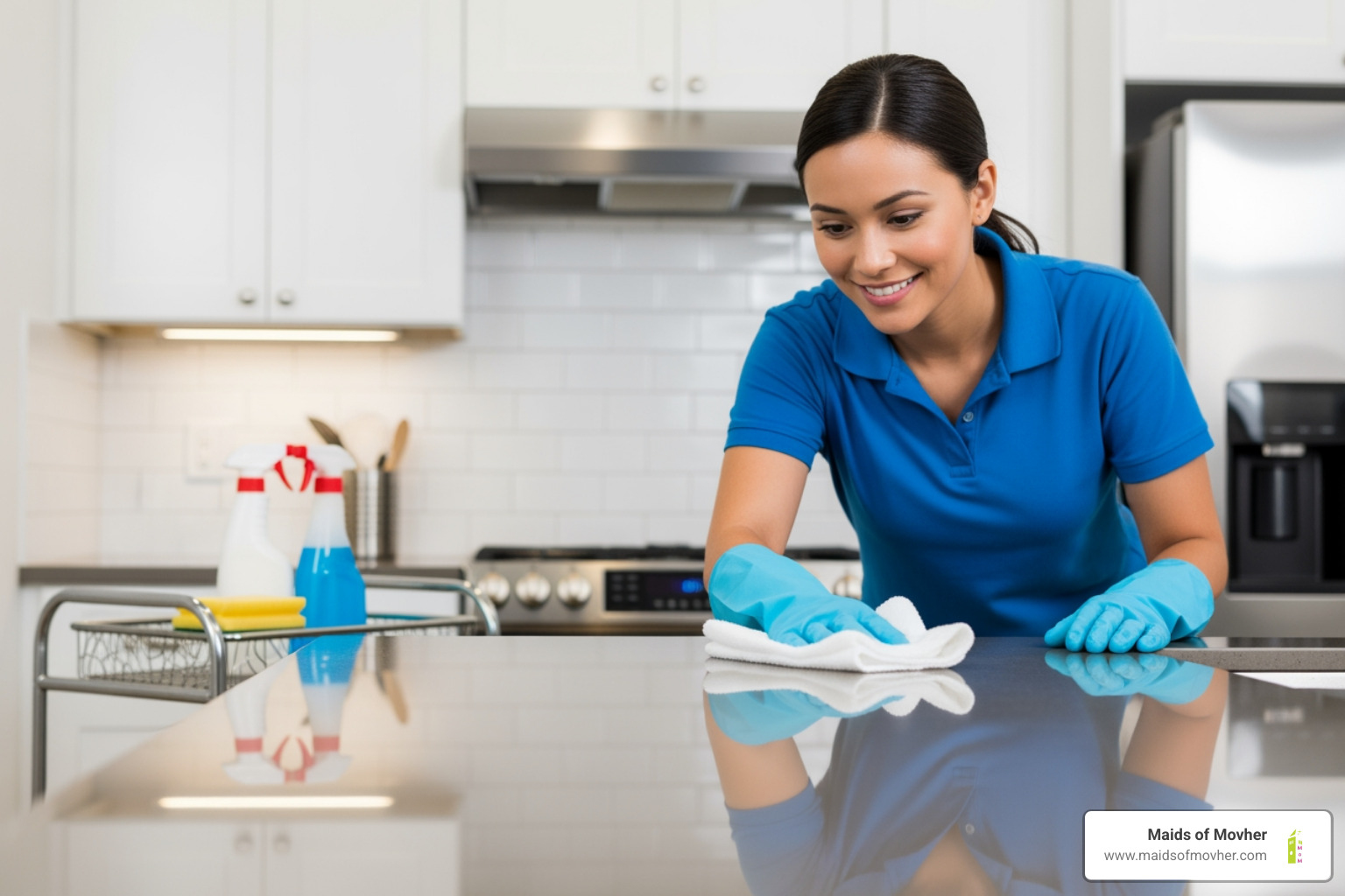 cleaning professional smiling while wiping a spotless kitchen counter - guaranteed residential cleaning washington cleaning professional smiling while wiping a spotless kitchen counter - guaranteed residential cleaning washington