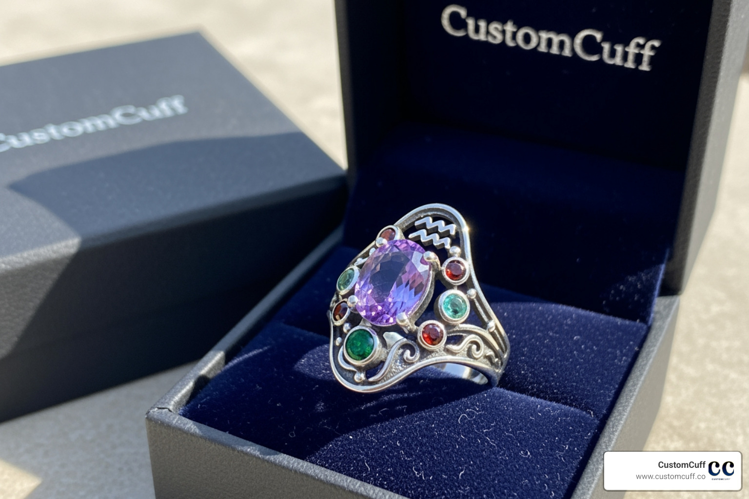 A beautiful aquarius stone ring with a shimmering amethyst, nestled in a branded CustomCuff gift box on a soft, velvet cushion - aquarius stone ring