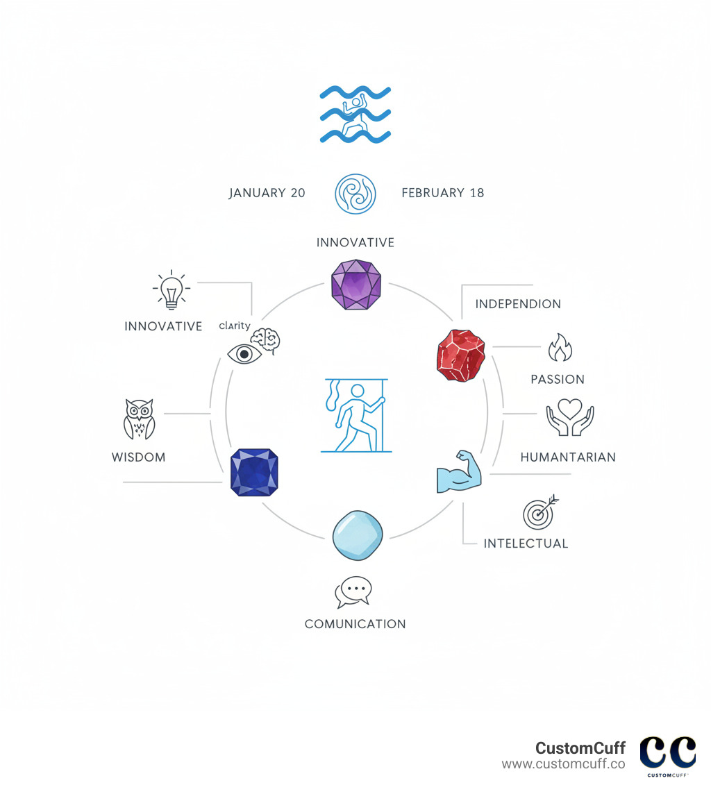 Infographic showing Aquarius zodiac symbol (Water Bearer) with birth dates January 20-February 18, air element icon, and four main birthstones arranged in a circle: purple amethyst labeled clarity and intuition, red garnet labeled passion and vitality, blue aquamarine labeled communication and calm, and deep blue sapphire labeled wisdom and focus, with lines connecting each stone to corresponding Aquarius personality traits like innovative, independent, humanitarian, and intellectual - aquarius stone ring infographic 