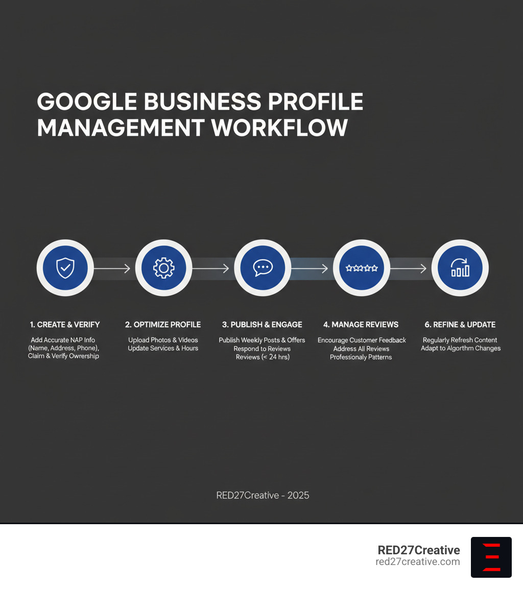 Infographic showing the complete Google Business Profile management workflow: from profile creation and verification, through optimization with photos and posts, review management and customer engagement, to performance tracking and ongoing updates. Each step includes key actions like adding accurate NAP information, publishing weekly posts, responding to reviews within 24 hours, and monitoring insights for customer behavior patterns. - Google Business Profile (GBP) Management infographic Infographic showing the complete Google Business Profile management workflow: from profile creation and verification, through optimization with photos and posts, review management and customer engagement, to performance tracking and ongoing updates. Each step includes key actions like adding accurate NAP information, publishing weekly posts, responding to reviews within 24 hours, and monitoring insights for customer behavior patterns. - Google Business Profile (GBP) Management infographic