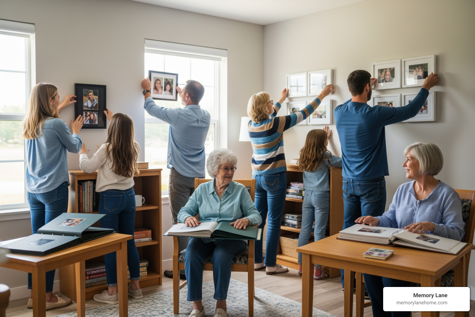 A family helping a senior personalize their new room with photos - 24 hour dementia care