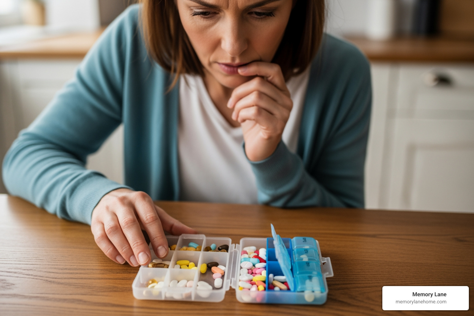 A concerned family member looking at a disorganized pillbox - 24 hour dementia care