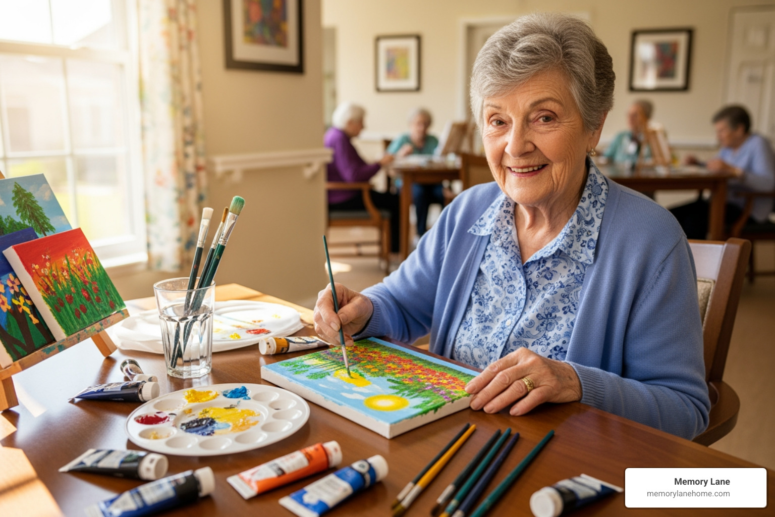 A resident engaged in a stimulating activity like painting, smiling - 24 hour dementia care