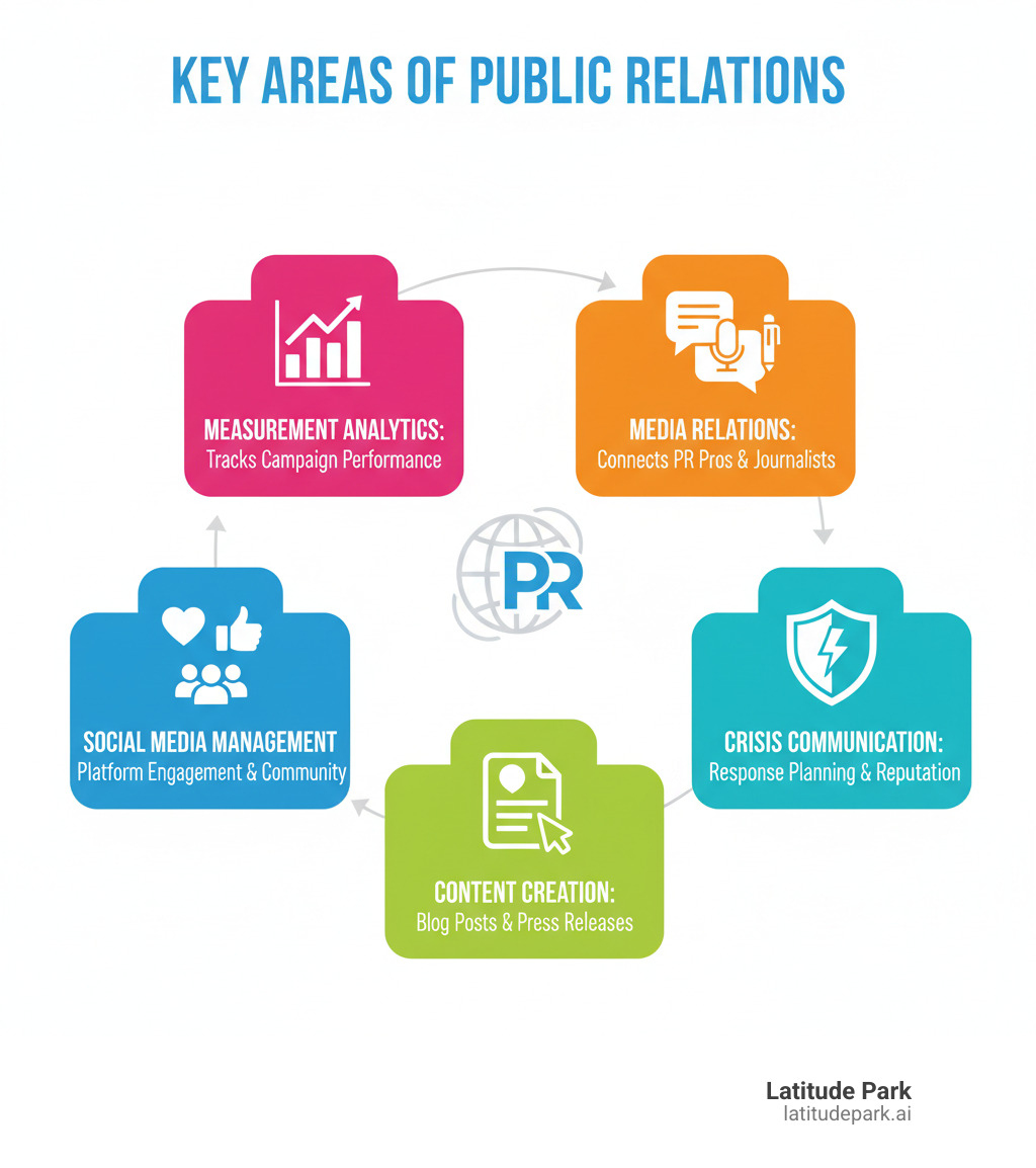 Infographic showing the key areas of public relations: media relations connecting PR professionals with journalists and outlets; crisis communication showing response planning and reputation management; content creation depicting blog posts and press releases; social media management illustrating platform engagement and community building; and measurement analytics tracking campaign performance - public relations sites infographic Infographic showing the key areas of public relations: media relations connecting PR professionals with journalists and outlets; crisis communication showing response planning and reputation management; content creation depicting blog posts and press releases; social media management illustrating platform engagement and community building; and measurement analytics tracking campaign performance - public relations sites infographic