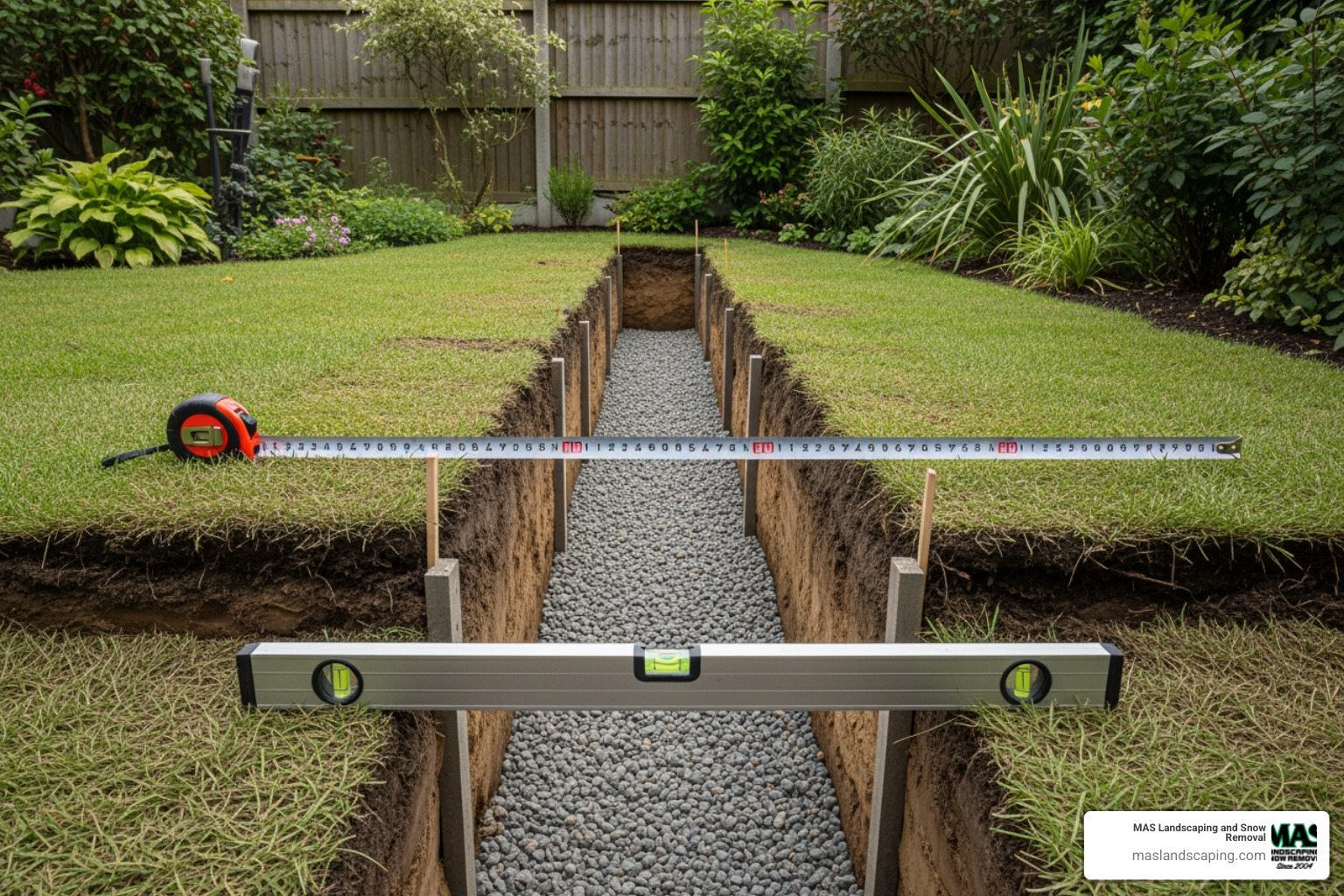 properly excavated and leveled trench with a compacted gravel base - concrete garden retaining wall