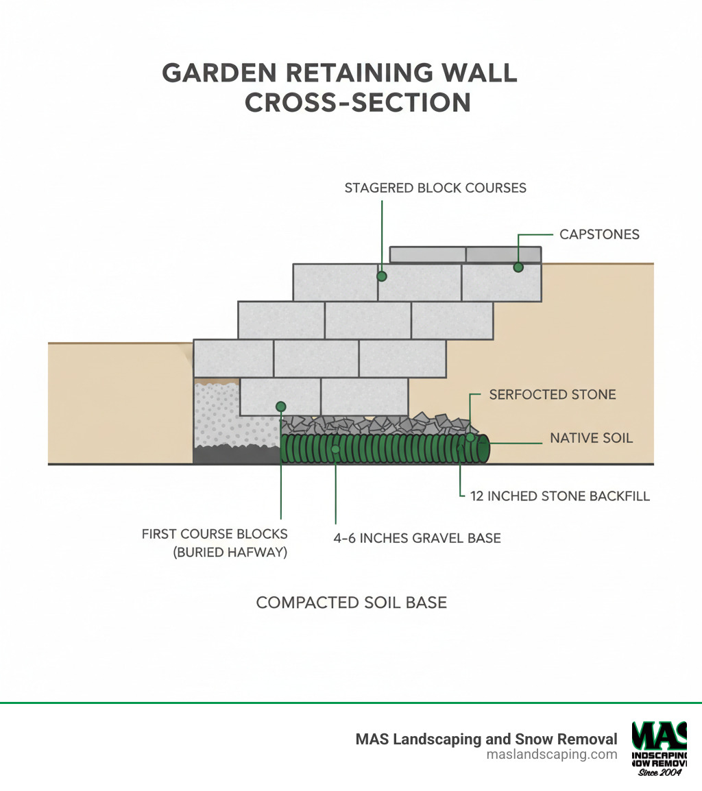 Infographic showing cross-section of a concrete retaining wall with labeled components: excavated trench with compacted soil at bottom, 4-6 inches of gravel base, first course of blocks buried halfway, additional staggered courses, perforated drain pipe at base behind wall, 12 inches of crushed stone backfill, remaining space filled with native soil, and capstones on top - concrete garden retaining wall infographic 