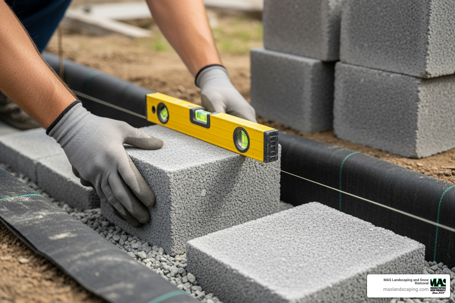 the first course of blocks being laid and checked with a level - concrete garden retaining wall