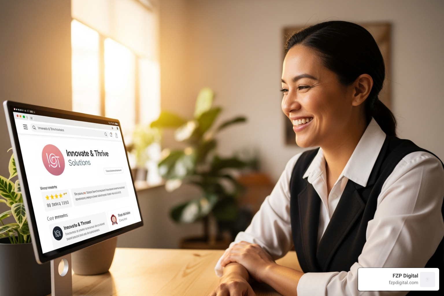 person smiling confidently while looking at their positive online brand presence - reputation management consultants person smiling confidently while looking at their positive online brand presence - reputation management consultants