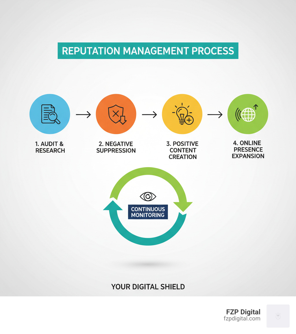 infographic showing the reputation management process from audit to monitoring with icons for negative result suppression, positive content creation, and online presence expansion - reputation management consultants infographic infographic showing the reputation management process from audit to monitoring with icons for negative result suppression, positive content creation, and online presence expansion - reputation management consultants infographic