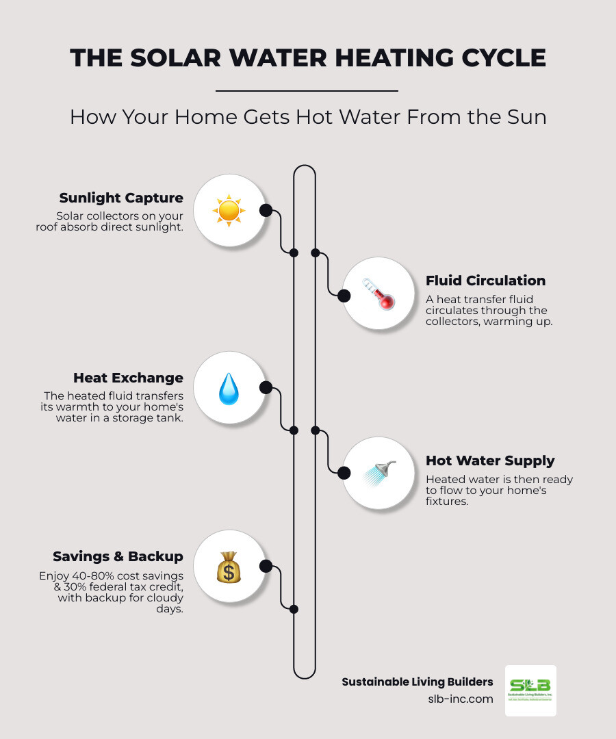 infographic showing the complete solar water heating cycle: sunlight hits roof collectors, heat transfer fluid circulates through panels, heated fluid transfers warmth to water storage tank, hot water flows to home fixtures, with backup heater shown for cloudy days, and arrows indicating 40-80% cost savings and 30% federal tax credit - water heating roof panels infographic infographic-line-5-steps-elegant_beige infographic showing the complete solar water heating cycle: sunlight hits roof collectors, heat transfer fluid circulates through panels, heated fluid transfers warmth to water storage tank, hot water flows to home fixtures, with backup heater shown for cloudy days, and arrows indicating 40-80% cost savings and 30% federal tax credit - water heating roof panels infographic infographic-line-5-steps-elegant_beige