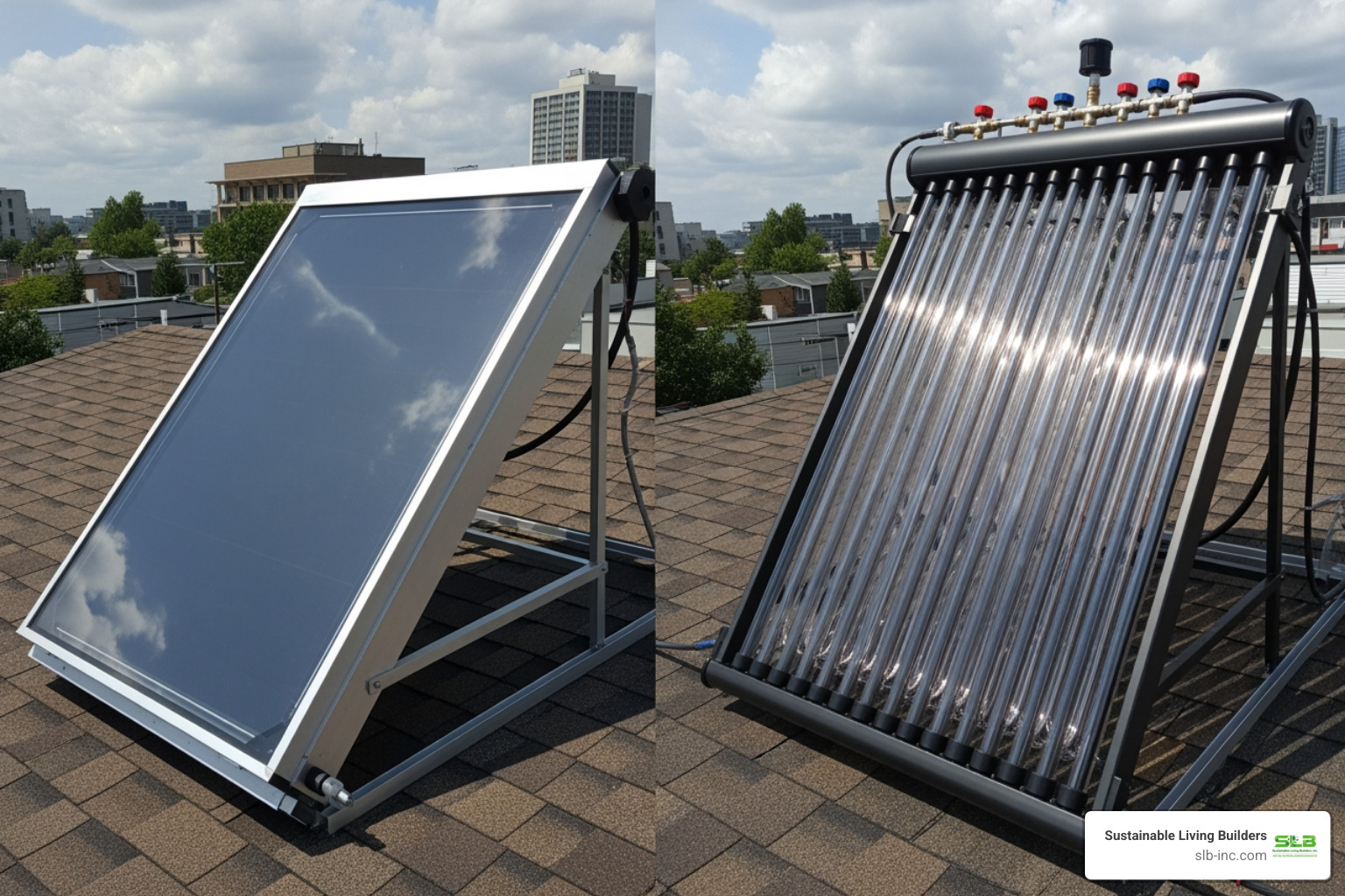 comparing a flat-plate and an evacuated tube collector side-by-side - water heating roof panels comparing a flat-plate and an evacuated tube collector side-by-side - water heating roof panels