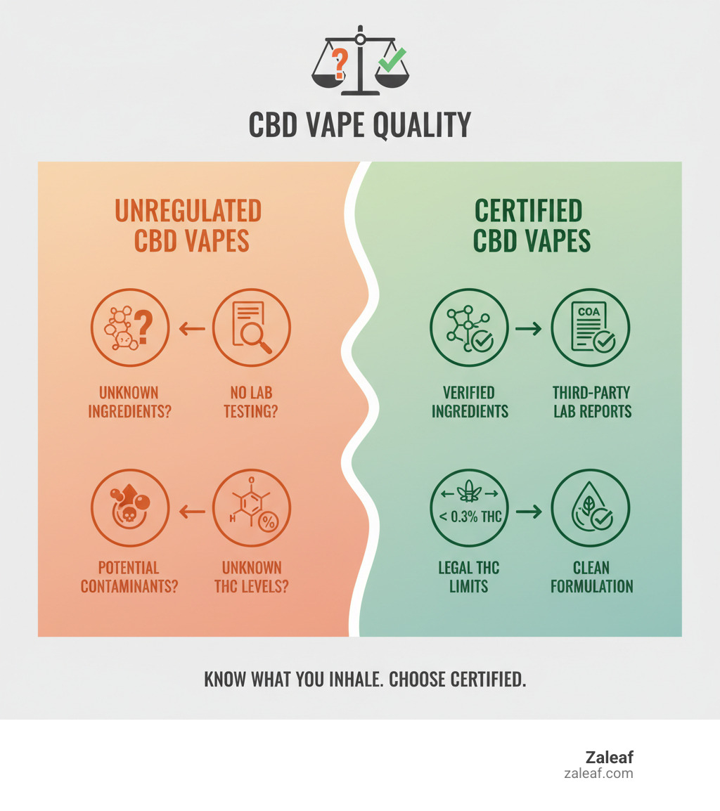 Infographic comparing unregulated CBD vapes (showing question marks for ingredients, no lab testing, unknown THC levels, and potential contaminants) versus certified CBD vapes (showing verified ingredients, third-party lab reports, legal THC limits under 0.3%, and clean formulation free from harmful additives) - certified CBD vape infographic Infographic comparing unregulated CBD vapes (showing question marks for ingredients, no lab testing, unknown THC levels, and potential contaminants) versus certified CBD vapes (showing verified ingredients, third-party lab reports, legal THC limits under 0.3%, and clean formulation free from harmful additives) - certified CBD vape infographic