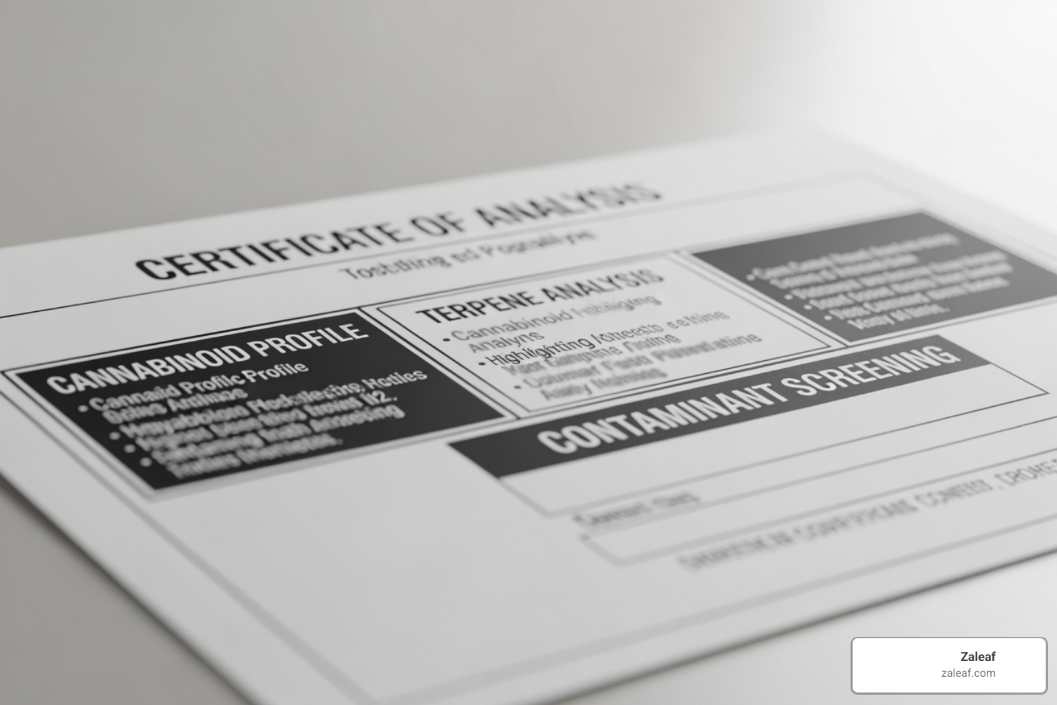Sample Certificate of Analysis with key sections highlighted for Cannabinoid Profile, Terpene Analysis, and Contaminant Screening - certified CBD vape Sample Certificate of Analysis with key sections highlighted for Cannabinoid Profile, Terpene Analysis, and Contaminant Screening - certified CBD vape