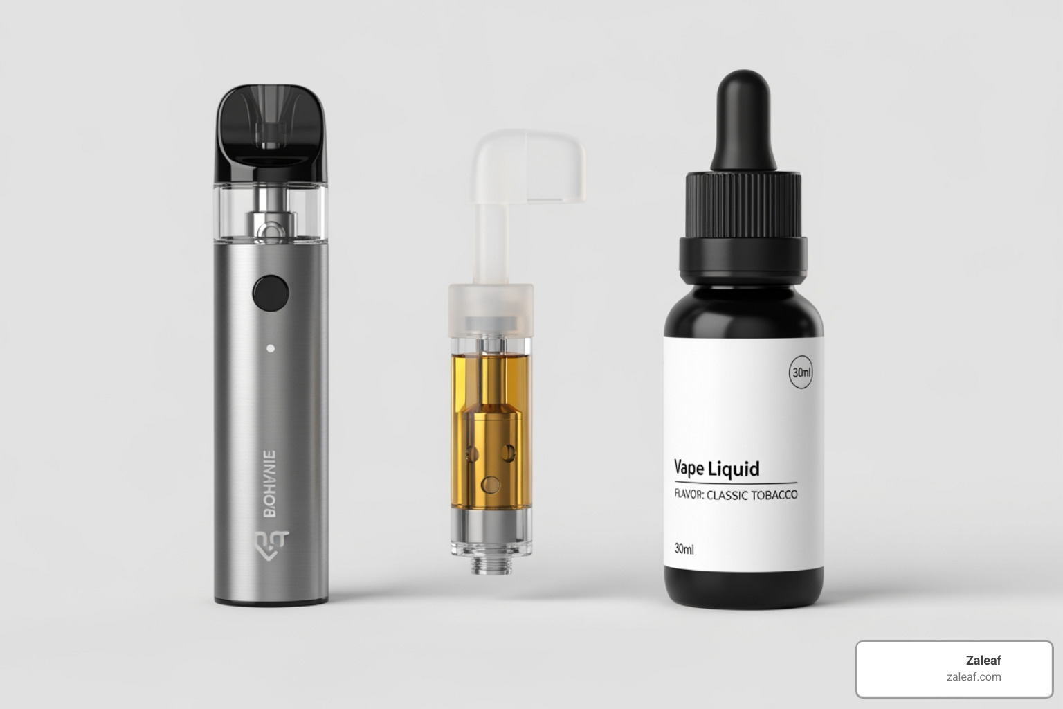 Disposable vape pen, a vape cartridge, and a bottle of e-liquid side-by-side - certified CBD vape Disposable vape pen, a vape cartridge, and a bottle of e-liquid side-by-side - certified CBD vape