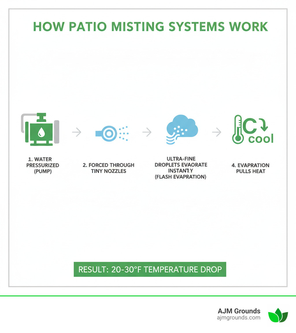 Infographic showing how misting systems work: water is pressurized through a pump, forced through tiny nozzle openings to create ultra-fine droplets, these droplets instantly evaporate in the air (flash evaporation), evaporation pulls heat from surrounding air, resulting in a temperature drop of 20-30°F in the misted area - installing misters on patio infographic 