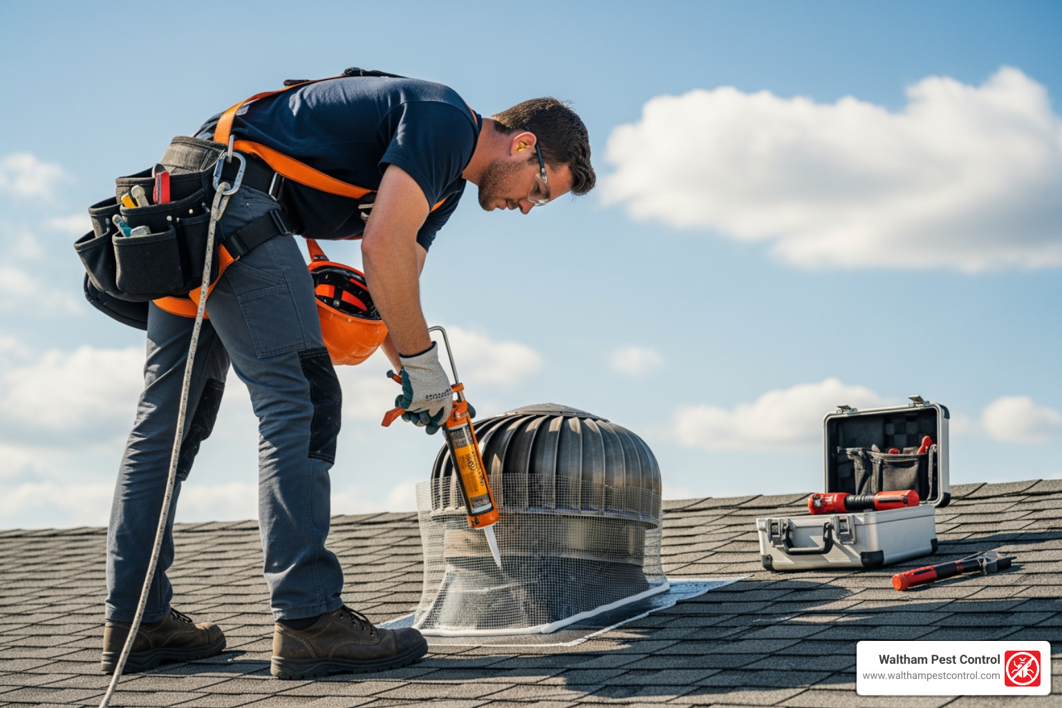 Technician performing exclusion repair on a roof vent - Animal Control Services in MA