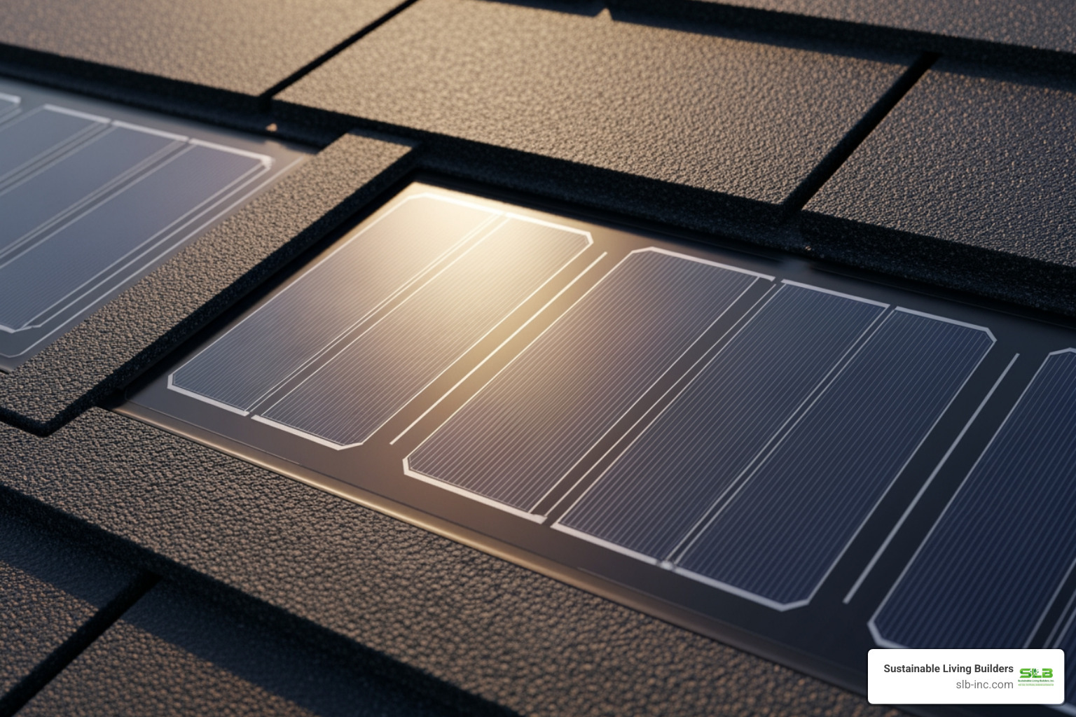 close-up of a solar shingle showing the texture and photovoltaic cells - integrated solar roofing