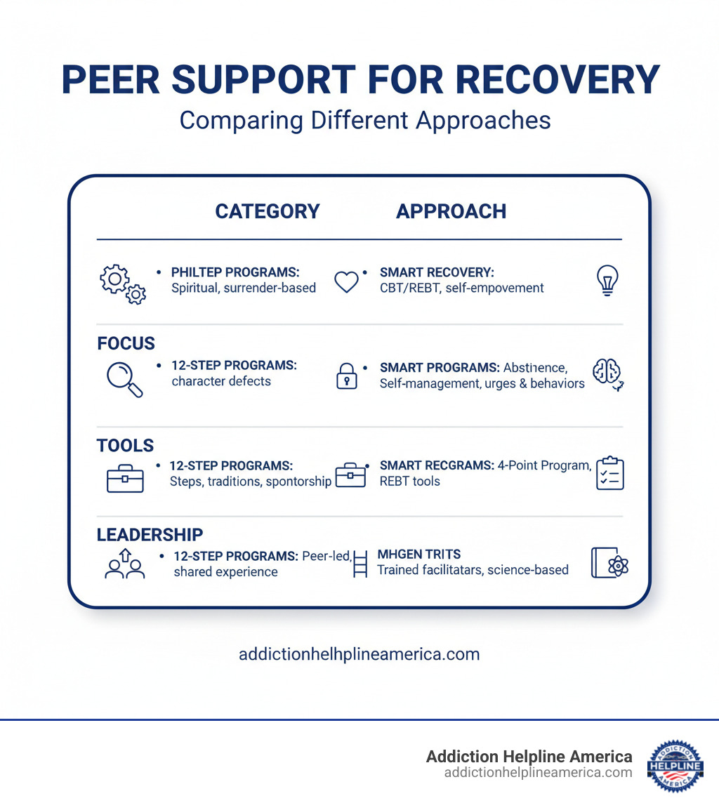 Table comparing different types of peer support groups - free addiction recovery program infographic Table comparing different types of peer support groups - free addiction recovery program infographic
