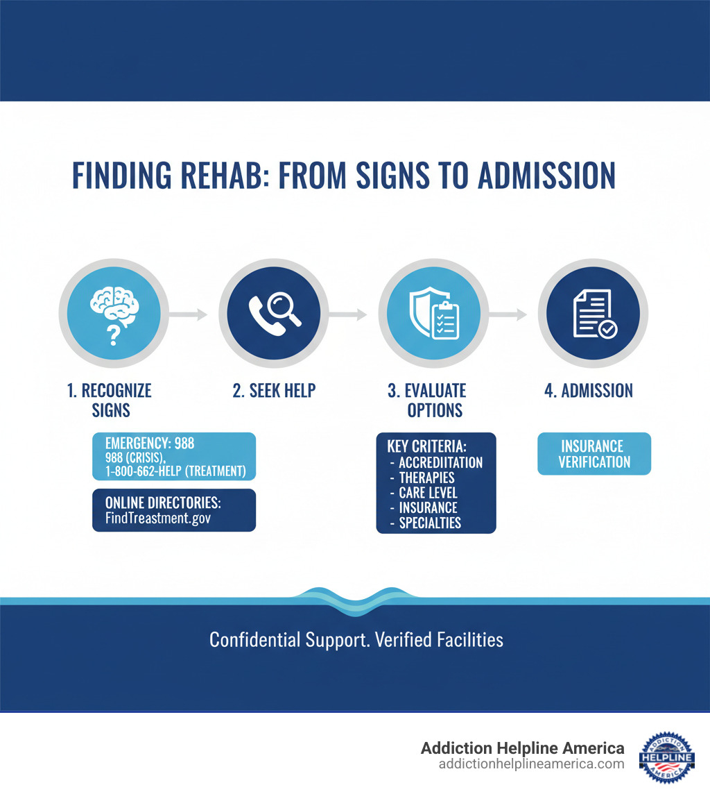infographic showing steps from recognizing addiction signs to admission process, including emergency helpline numbers, online directories, key selection criteria, and insurance verification - find rehab facilities infographic infographic showing steps from recognizing addiction signs to admission process, including emergency helpline numbers, online directories, key selection criteria, and insurance verification - find rehab facilities infographic