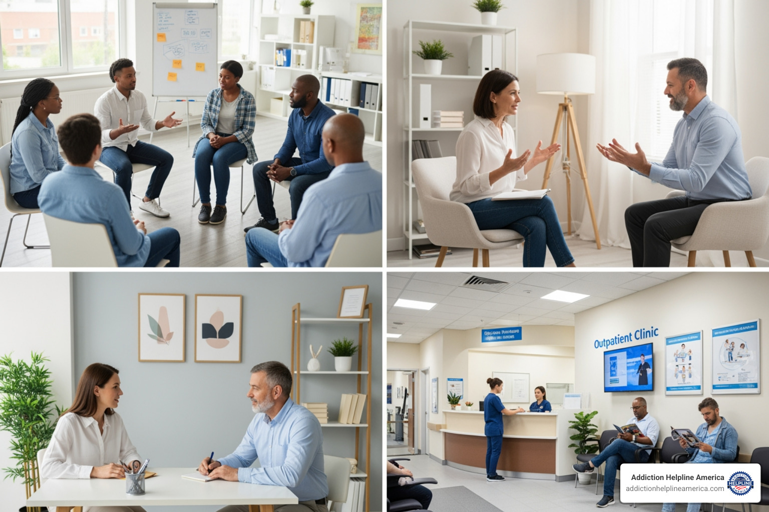collage of diverse rehab environments including group therapy, private counseling, and an outpatient clinic - find rehab facilities collage of diverse rehab environments including group therapy, private counseling, and an outpatient clinic - find rehab facilities
