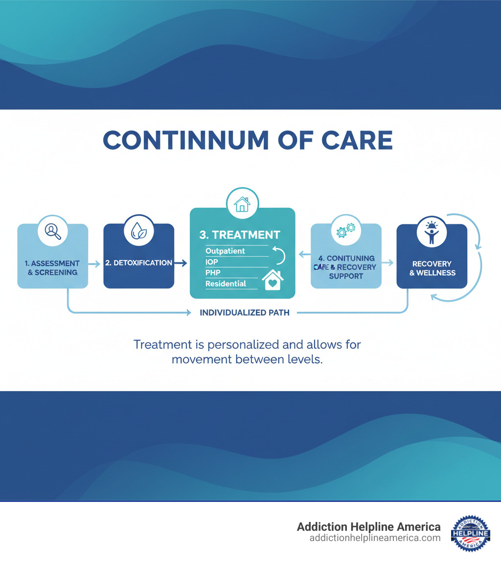 Infographic showing the continuum of care: starting with Assessment and Screening, moving through Detoxification, then to Treatment (Outpatient, IOP, PHP, or Residential), followed by Continuing Care and Recovery Support, with arrows showing the flow and noting that treatment is individualized and may involve moving between levels - Drug treatment options infographic 
