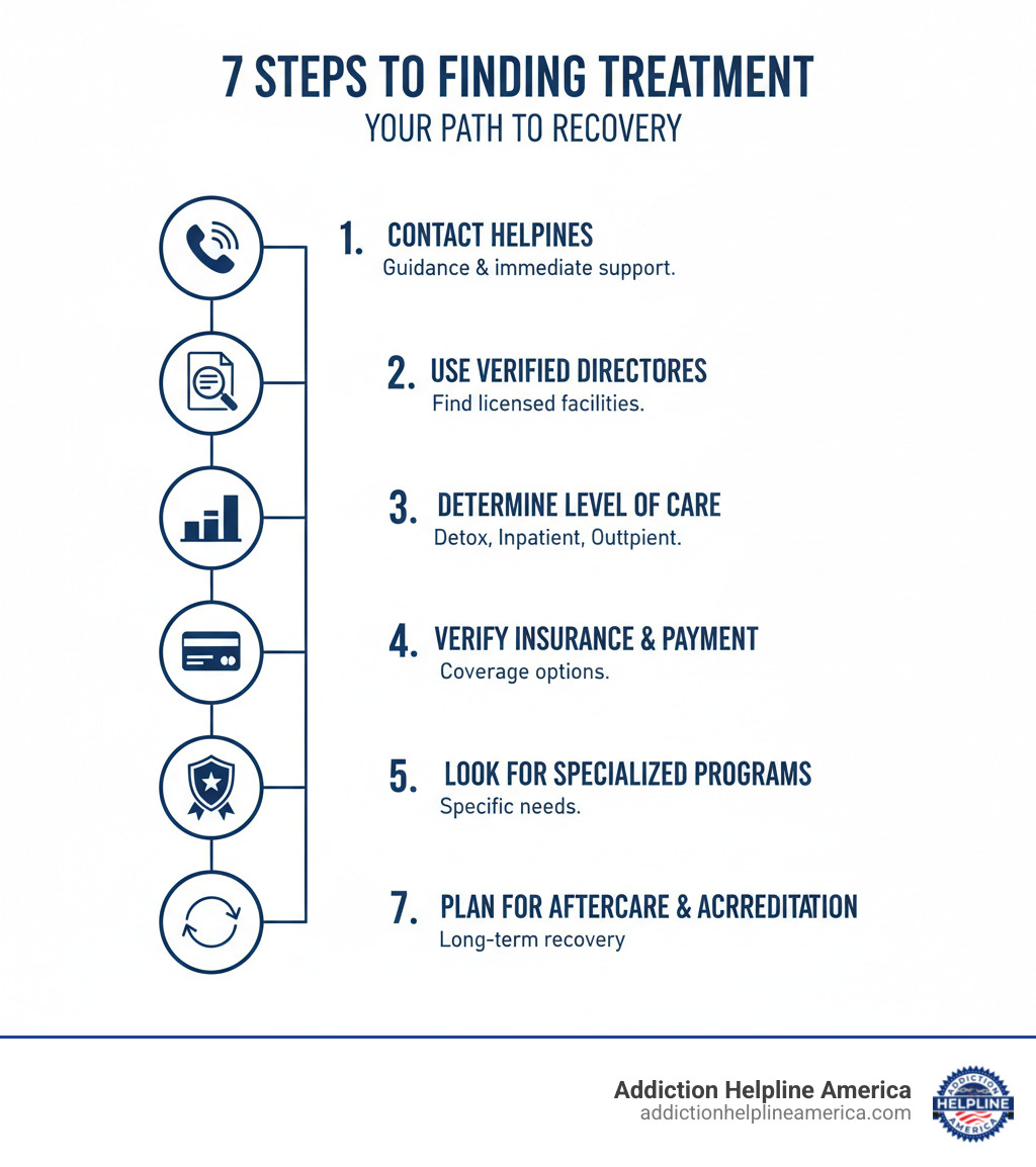 Infographic showing 7 steps to finding treatment: 1. Contact confidential helplines for guidance, 2. Use government directories like FindTreatment.gov, 3. Determine your needed level of care (detox, inpatient, outpatient), 4. Verify insurance coverage and payment options, 5. Look for specialized programs for your specific needs, 6. Confirm facility licensing and accreditation, 7. Plan for aftercare and long-term support - find a rehab center infographic 
