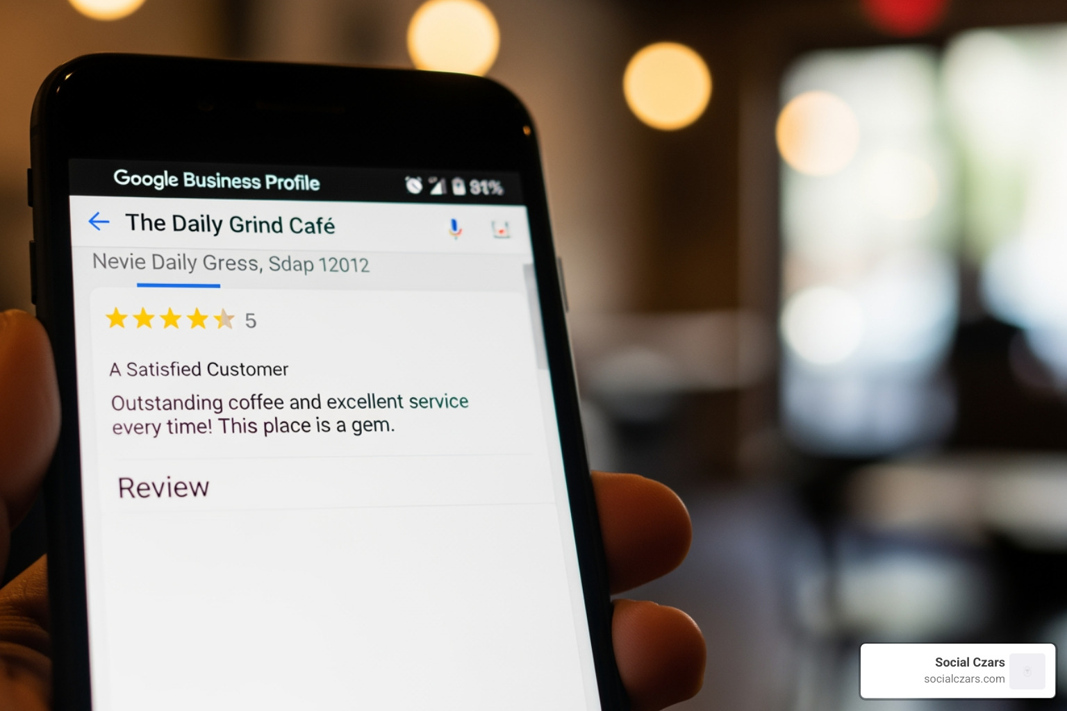smartphone screen showing a 5-star review on a Google Business Profile. - seo reputation management