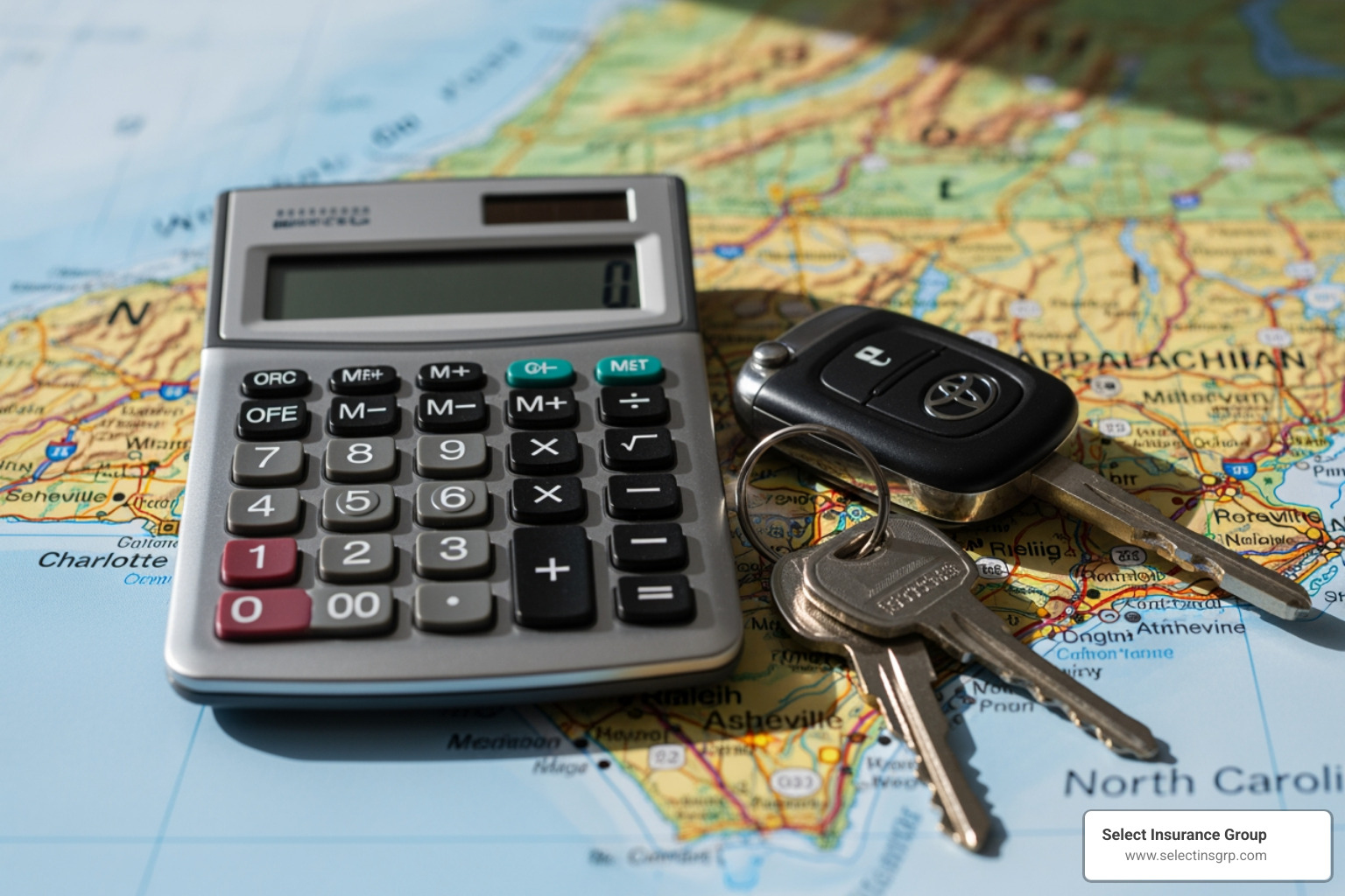 Calculator and car keys on a map of North Carolina - Affordable car insurance NC