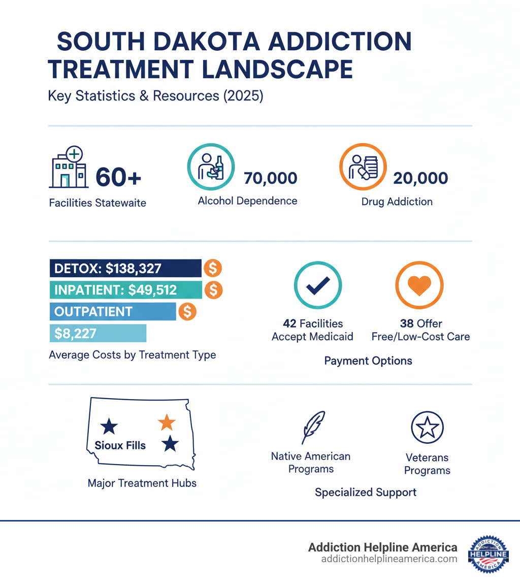 Infographic showing South Dakota's addiction treatment landscape: 60+ facilities statewide, 70,000 residents with alcohol dependence, 20,000 with drug addiction, average costs by treatment type (detox $138,327, inpatient $49,512, outpatient $8,227), payment options including 42 facilities accepting Medicaid and 38 offering free/low-cost care, specialized programs for Native Americans and veterans, and major treatment hubs in Sioux Falls and Rapid City - Rehab centers South Dakota infographic 