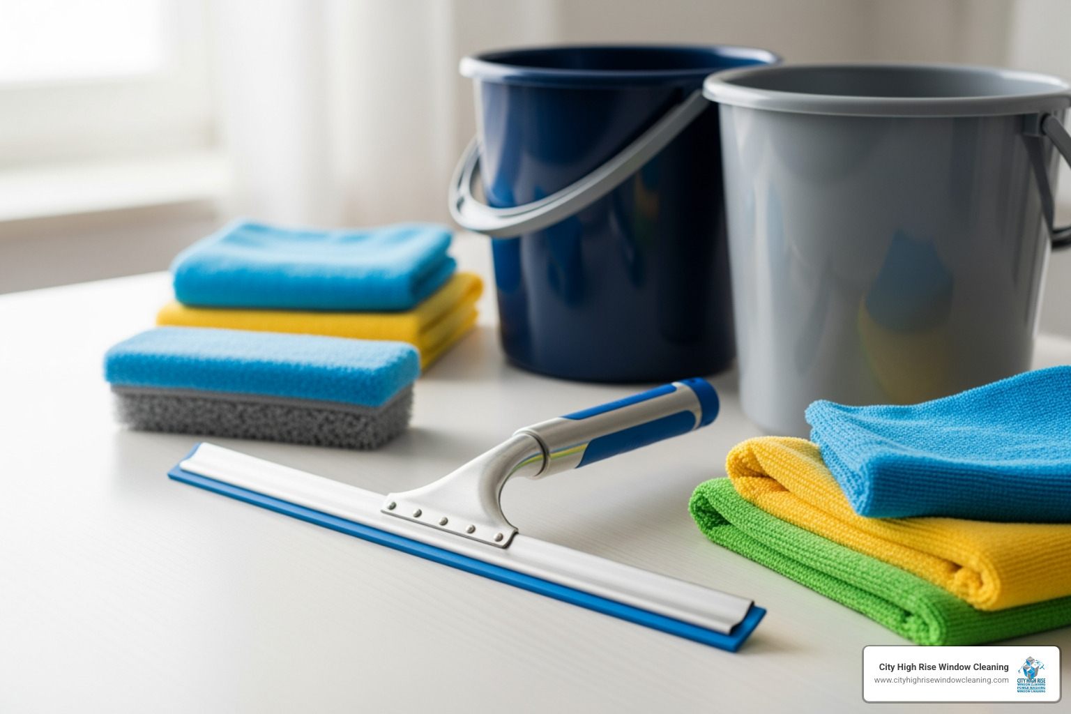 essential window cleaning tools like a squeegee, scrubber, buckets, and microfiber cloths laid out - best way to clean outside house windows essential window cleaning tools like a squeegee, scrubber, buckets, and microfiber cloths laid out - best way to clean outside house windows