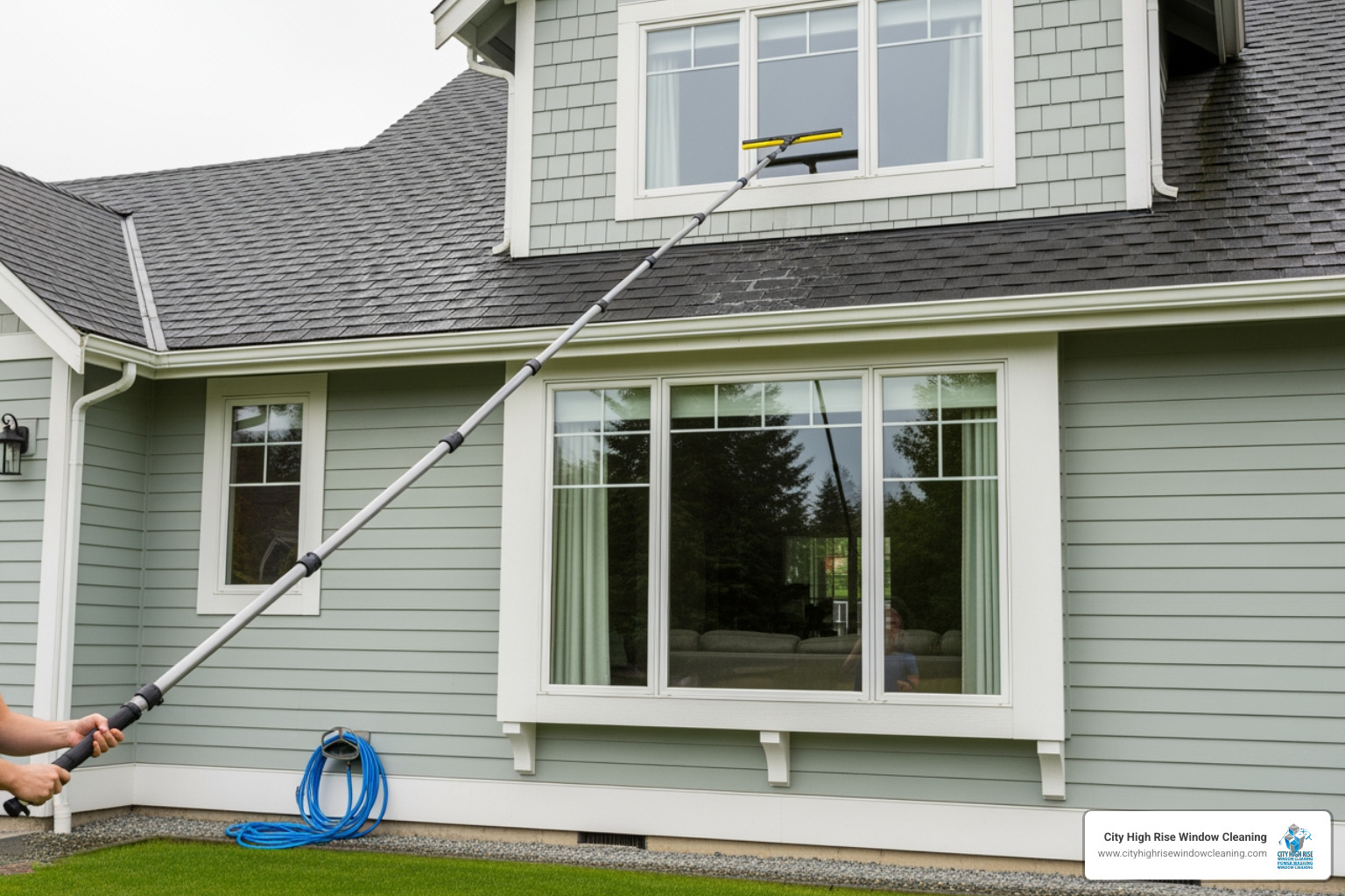 telescopic extension pole with a squeegee attachment reaching a second-story window - best way to clean outside house windows telescopic extension pole with a squeegee attachment reaching a second-story window - best way to clean outside house windows