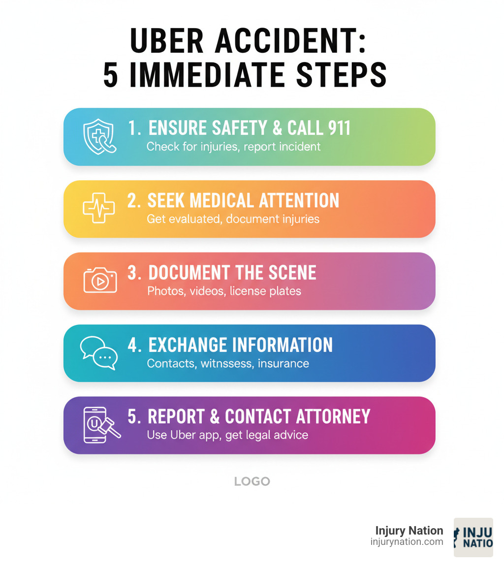 Infographic showing the five immediate steps after a car accident: 1) Ensure safety and call 911 if needed, 2) Seek medical attention immediately, 3) Document the scene with photos and videos, 4) Exchange information with all parties and witnesses, 5) Report the accident to Uber through the app and contact an attorney - uber and accidents infographic 