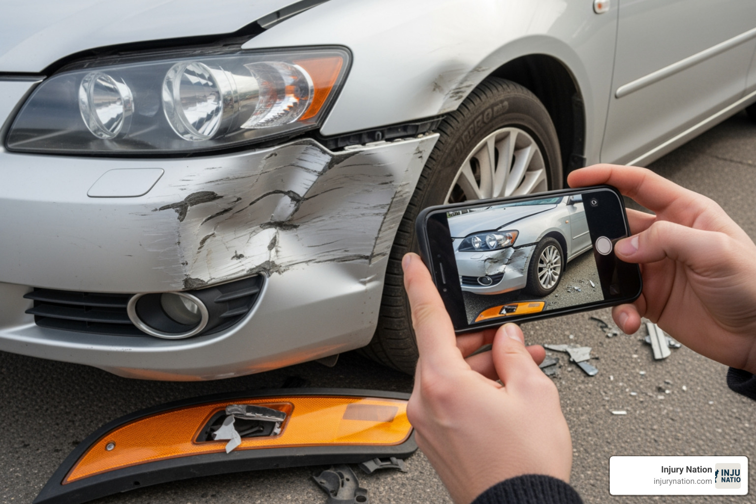 person using smartphone to take photos of car damage - uber and accidents