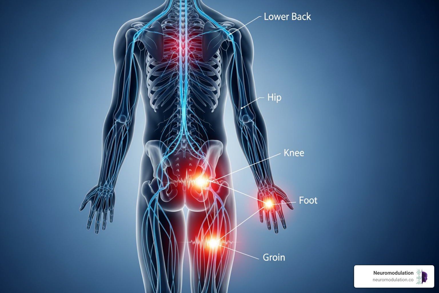 Illustration showing various body areas targeted by DRG nerve blocks, including the lower back, hip, knee, foot, and groin, with radiating pain pathways indicated. - DRG nerve block