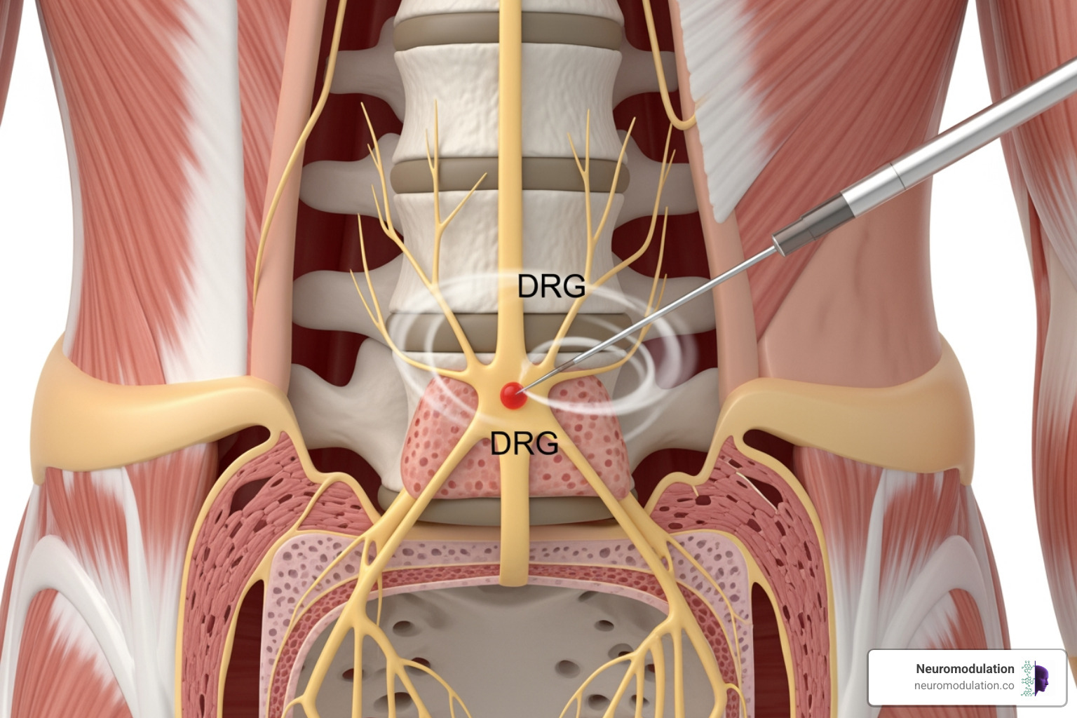 A detailed illustration of a patient undergoing a DRG nerve block procedure, highlighting the prone position, the C-arm fluoroscopy machine, the needle trajectory towards the dorsal root ganglion, and the spinal anatomy. - DRG nerve block