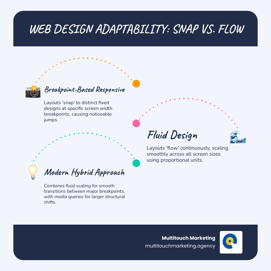 infographic comparing breakpoint-based responsive design showing layout jumps versus fluid design showing smooth continuous scaling across screen sizes from mobile to desktop - Fluid responsive design infographic infographic-line-3-steps-blues-accent_colors infographic comparing breakpoint-based responsive design showing layout jumps versus fluid design showing smooth continuous scaling across screen sizes from mobile to desktop - Fluid responsive design infographic infographic-line-3-steps-blues-accent_colors