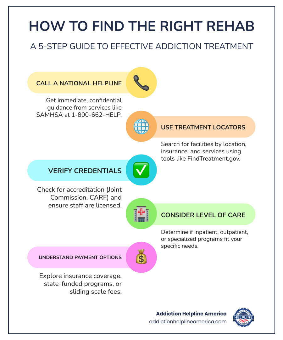 detailed infographic showing the step-by-step process to find a rehab, including assessment needs, researching facilities, verifying credentials, understanding costs, and beginning treatment - find a rehab infographic infographic-line-5-steps-colors