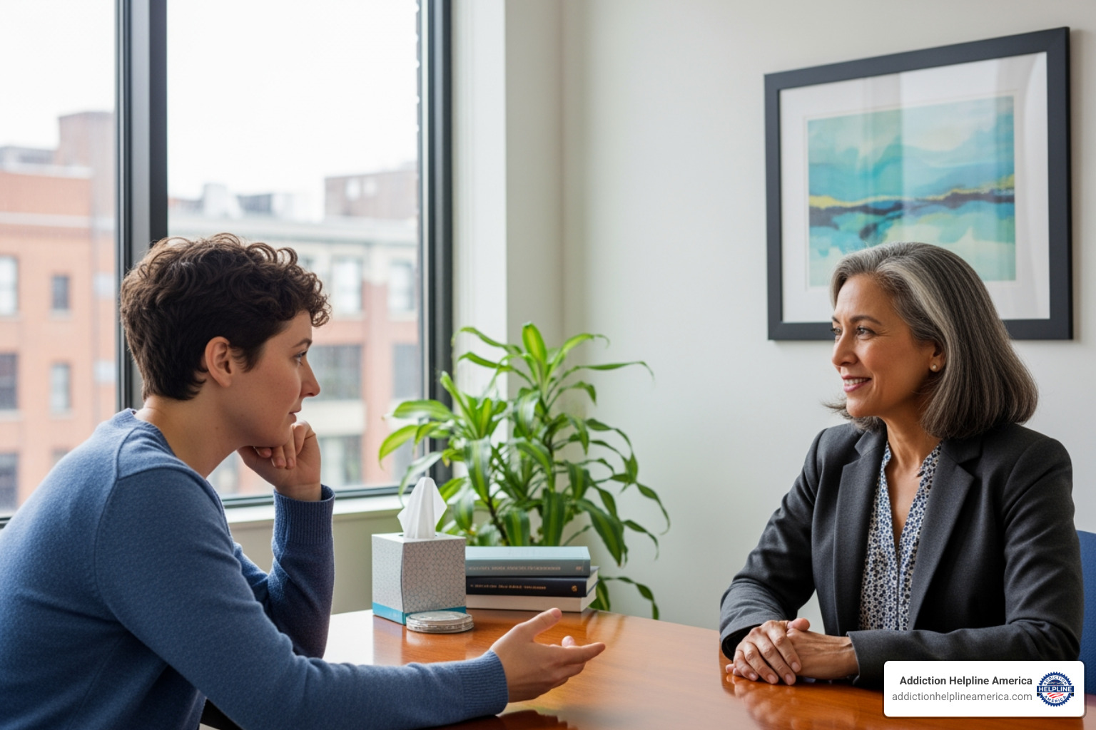 a person talking to a compassionate counselor - find a rehab