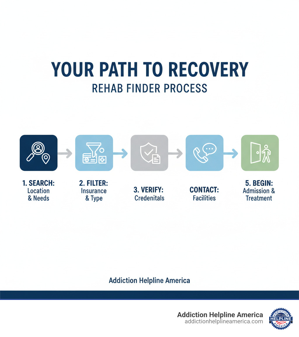 infographic showing the rehab search process: 1) Use rehab finder to search by location and needs, 2) Filter by insurance and treatment type, 3) Verify facility credentials, 4) Contact facilities directly, 5) Complete admissions process and begin treatment - rehab finder infographic infographic showing the rehab search process: 1) Use rehab finder to search by location and needs, 2) Filter by insurance and treatment type, 3) Verify facility credentials, 4) Contact facilities directly, 5) Complete admissions process and begin treatment - rehab finder infographic
