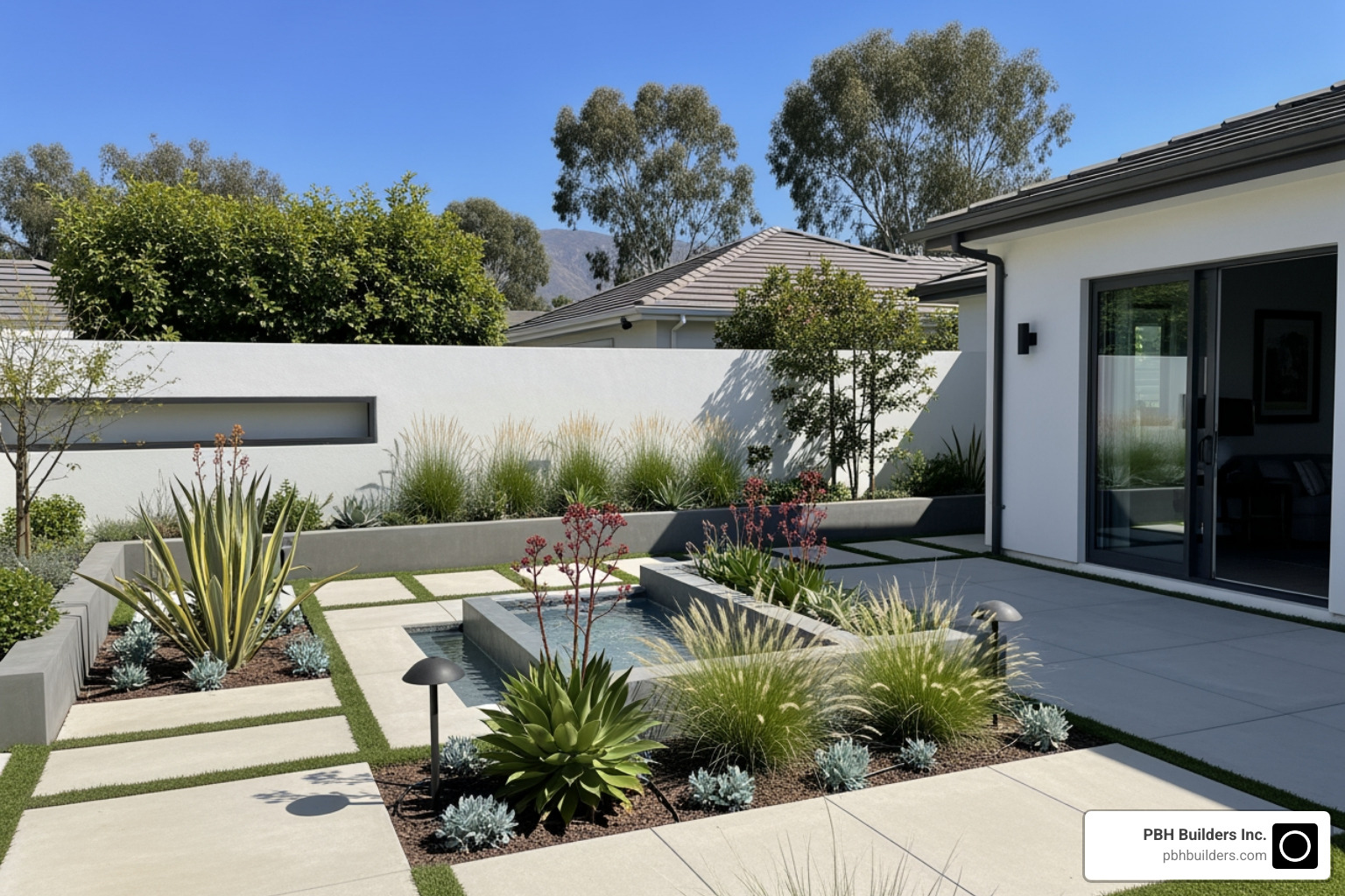 A garden showcasing strong geometric shapes and clean lines with a minimalist planting scheme - Contemporary landscape design