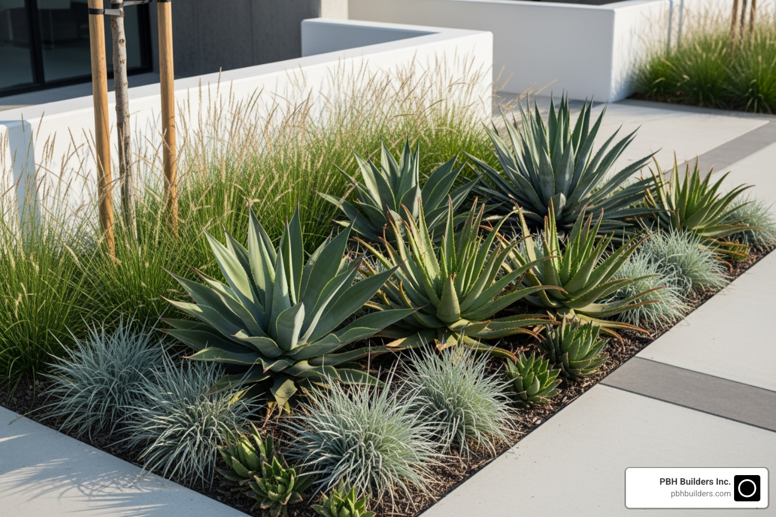 A planting bed featuring architectural succulents and soft ornamental grasses, demonstrating textural contrast - Contemporary landscape design