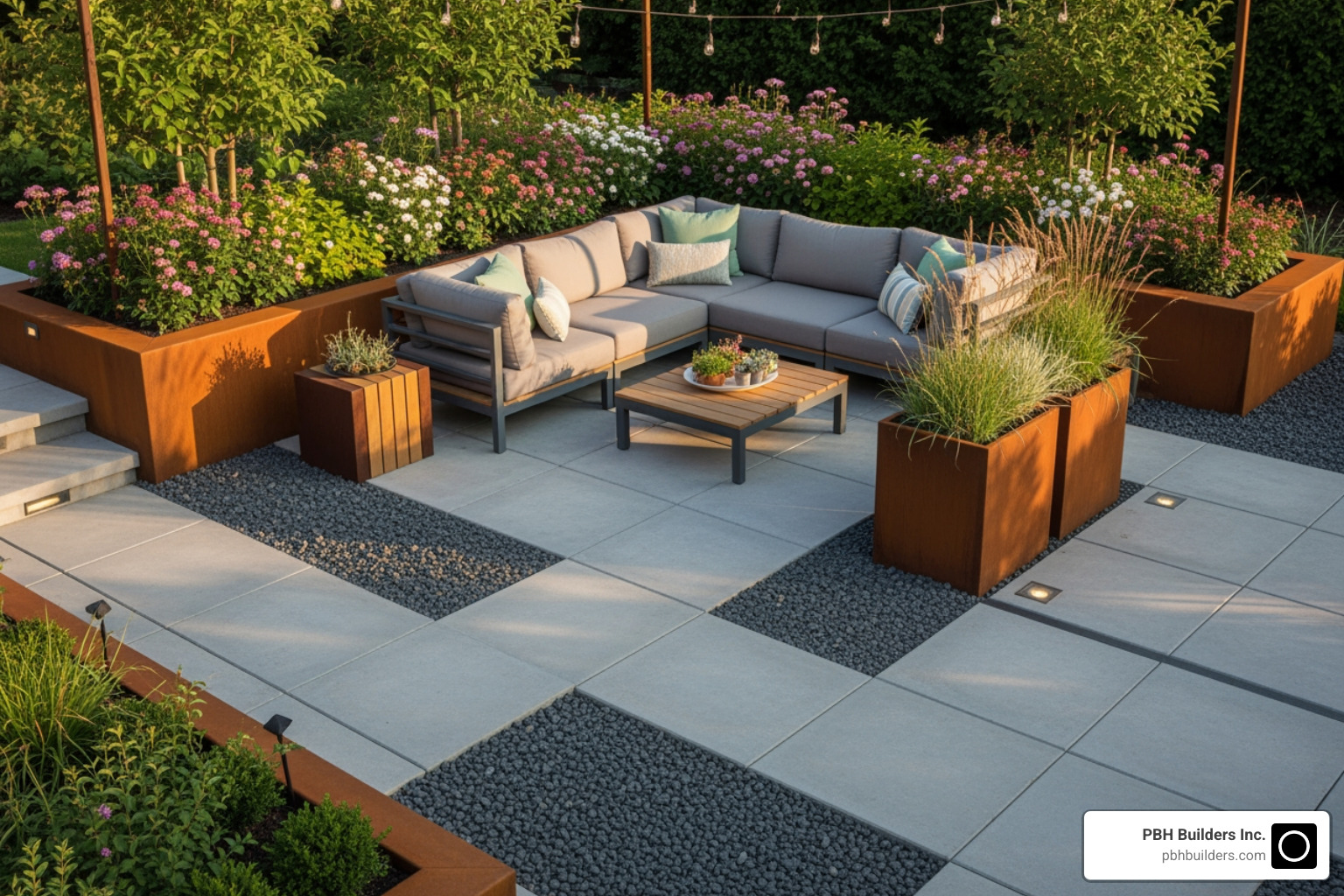 A patio using a mix of concrete pavers, Corten steel, and dark gravel to create a contemporary outdoor living space - Contemporary landscape design