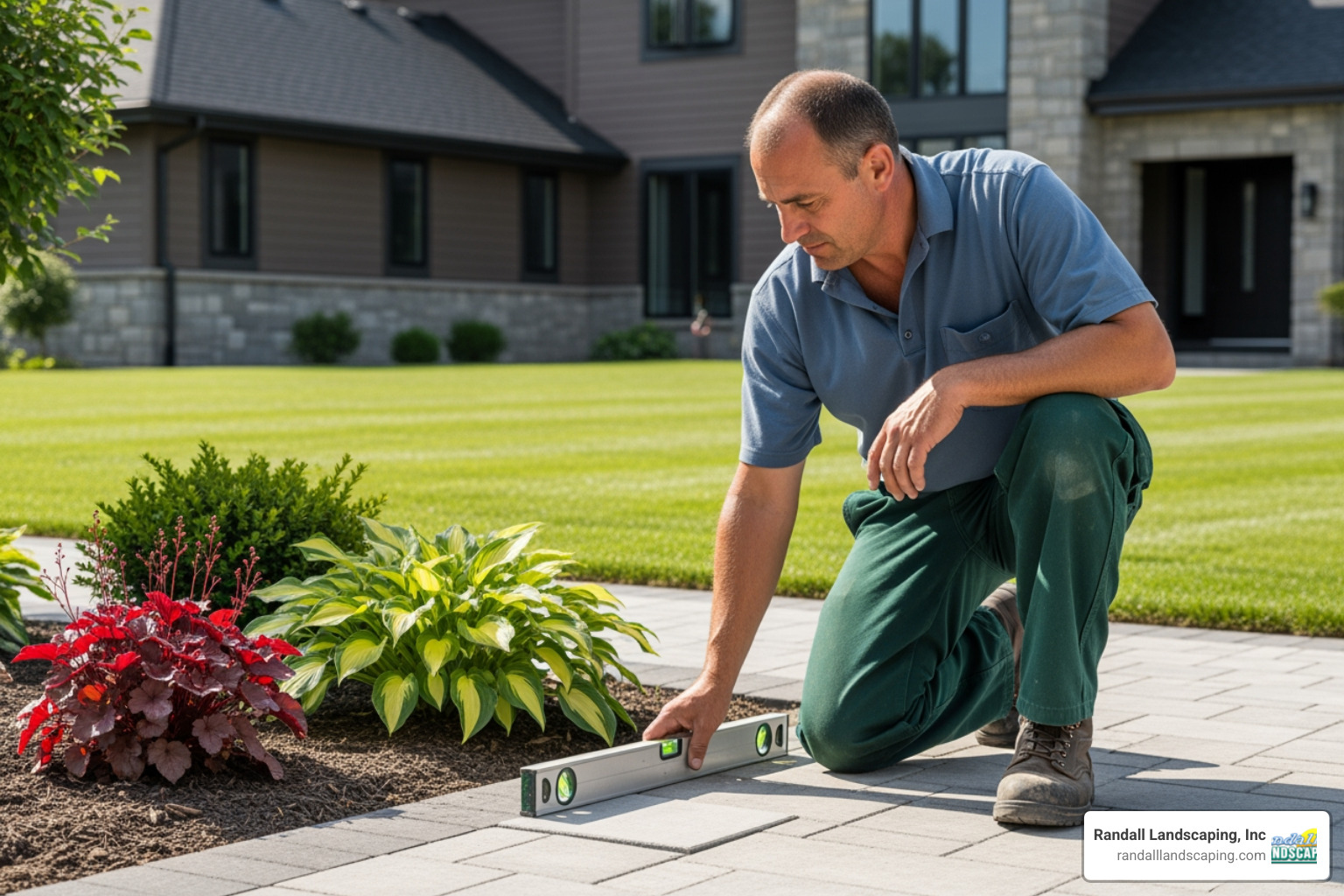 Randall Landscaping professional inspecting walkway - walkway paver installation
