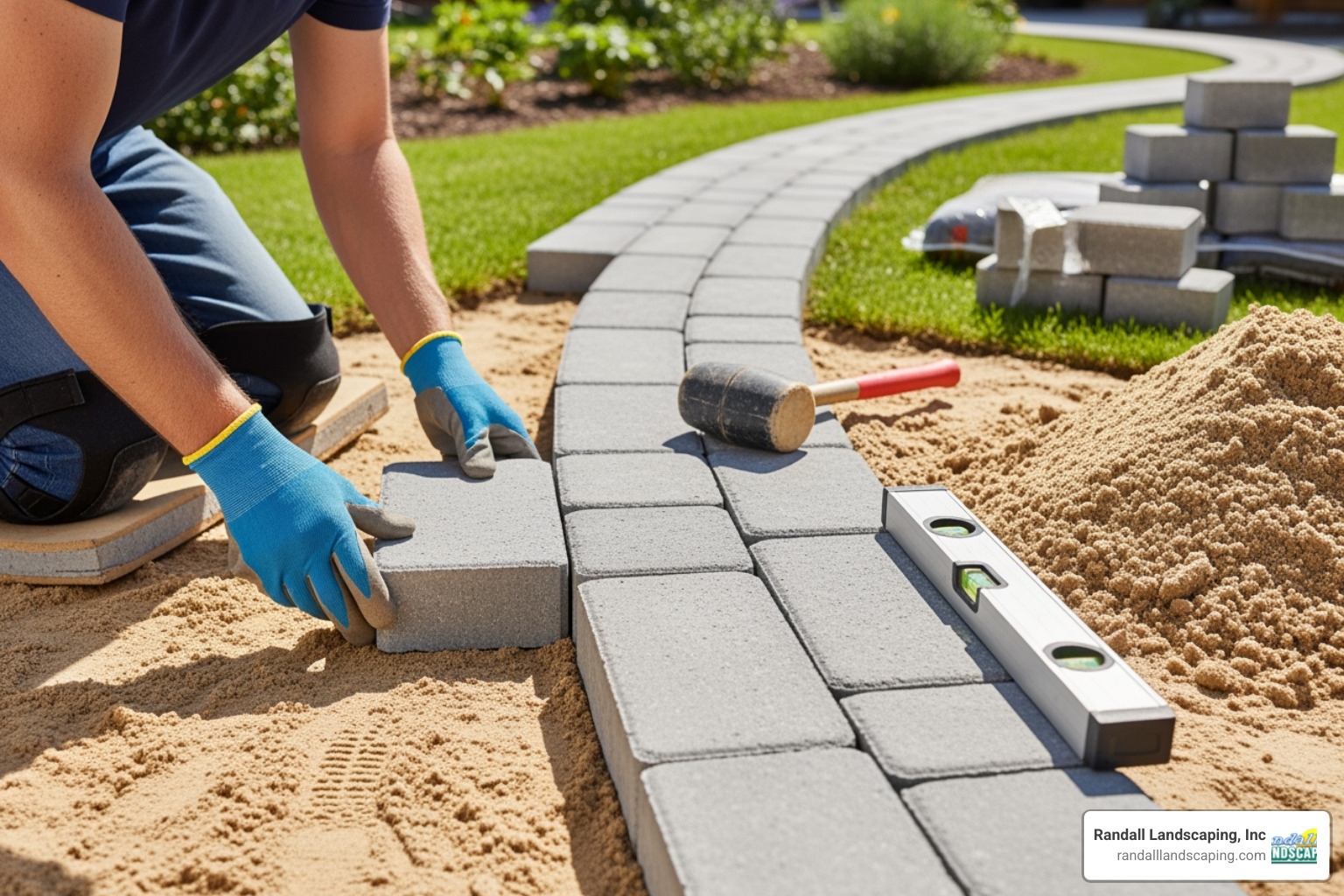 person laying pavers - walkway paver installation
