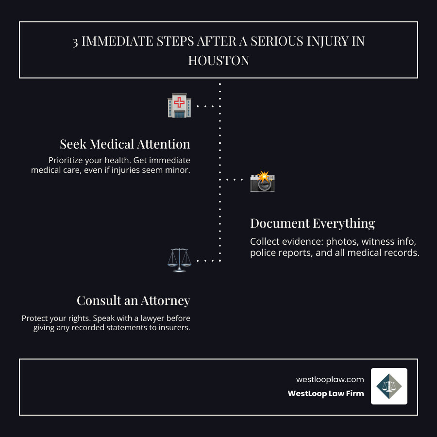 Infographic showing three key steps after a serious accident in Houston: 1. Get immediate medical care and document all injuries, 2. Collect evidence including photos, witness contacts, and police reports, 3. Consult with a serious injury lawyer before speaking to any insurance company - serious injury lawyer Houston infographic infographic-line-3-steps-dark