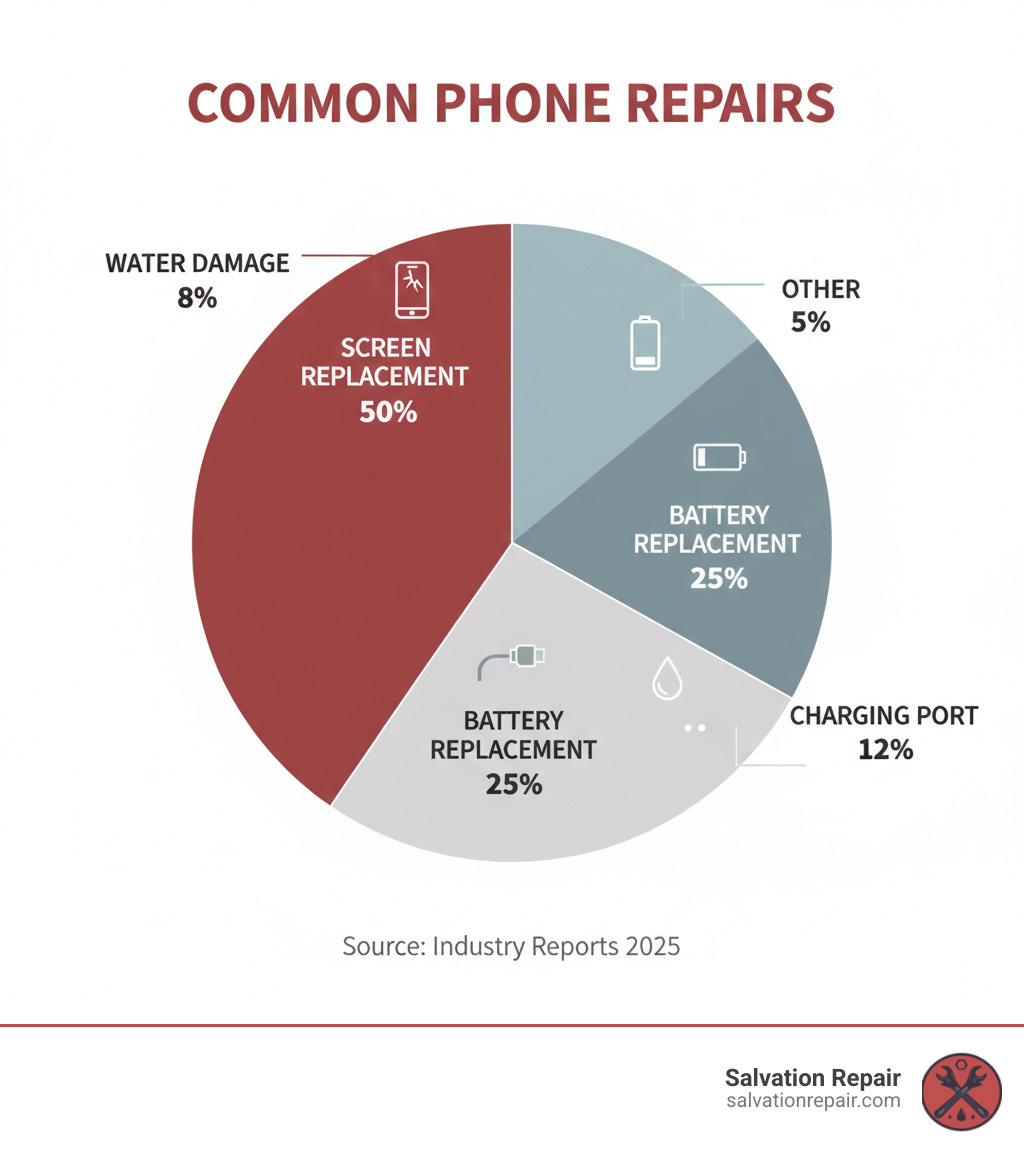 infographic showing most common phone repairs: screen replacement 50%, battery replacement 25%, charging port issues 12%, water damage 8%, other 5% - fix my phone near me infographic infographic showing most common phone repairs: screen replacement 50%, battery replacement 25%, charging port issues 12%, water damage 8%, other 5% - fix my phone near me infographic