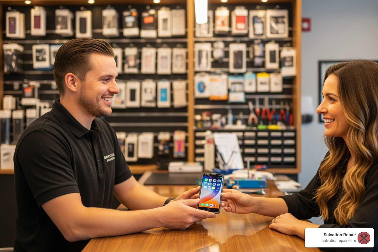 friendly technician handing repaired phone to customer - fix my phone near me friendly technician handing repaired phone to customer - fix my phone near me