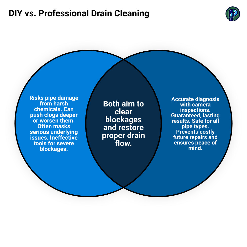 table comparing DIY drain cleaning methods vs professional services. DIY is cheap, temporary, risky, and ineffective for severe clogs. Professional is more costly, long-lasting, safe, and effective for all clogs. - drain cleaning winston salem infographic venn_diagram