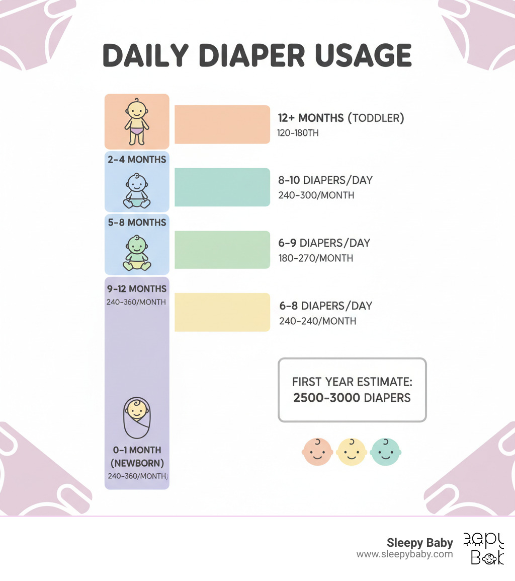 infographic showing daily diaper usage breakdown by age from newborn to toddler, with monthly totals and first-year estimate of 2500-3000 diapers, displayed as a vertical bar chart with baby icons - average diaper use per day infographic 